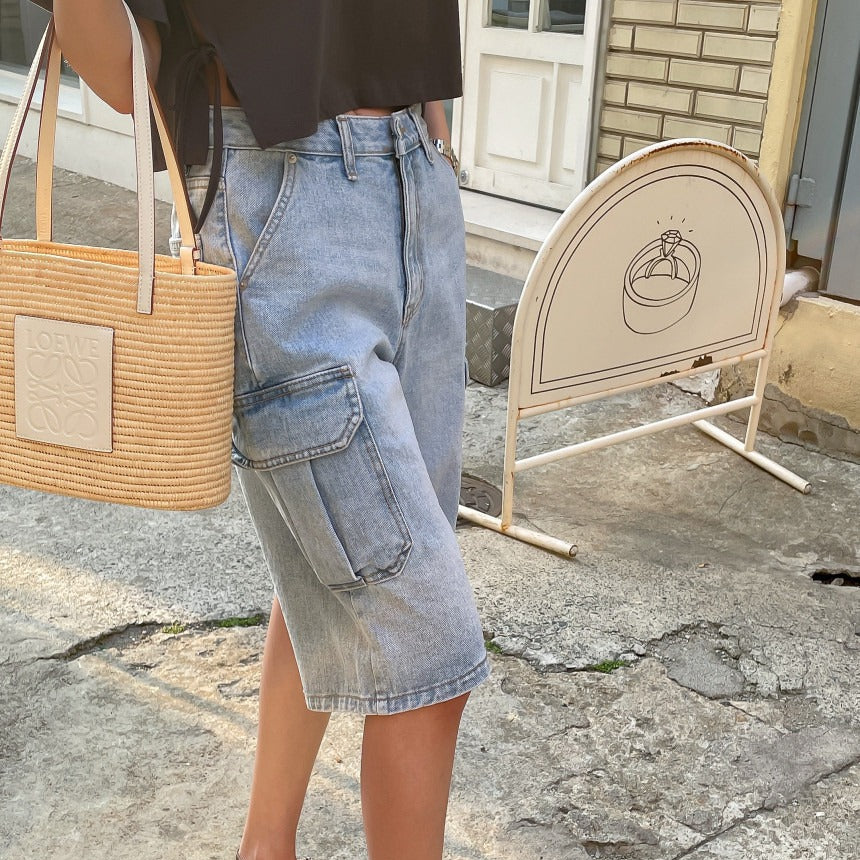 Elina™ - Dames denim shorts met cargozakken baggy stijl