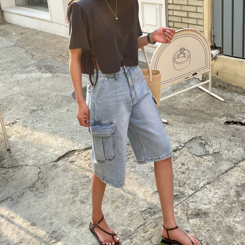 Elina™ - Dames denim shorts met cargozakken baggy stijl