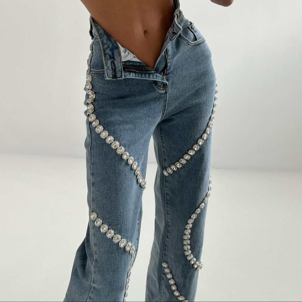Eloísa™ - Damesjeans met decoratieve strassteentjes recht model