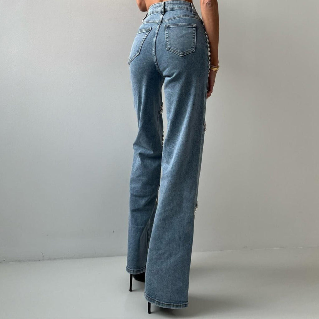 Eloísa™ - Damesjeans met decoratieve strassteentjes recht model