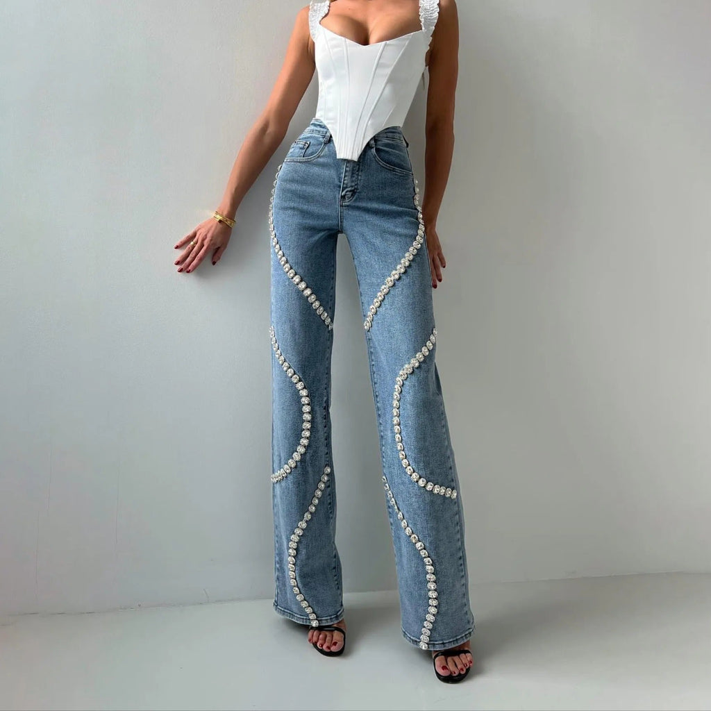 Eloísa™ - Damesjeans met decoratieve strassteentjes recht model