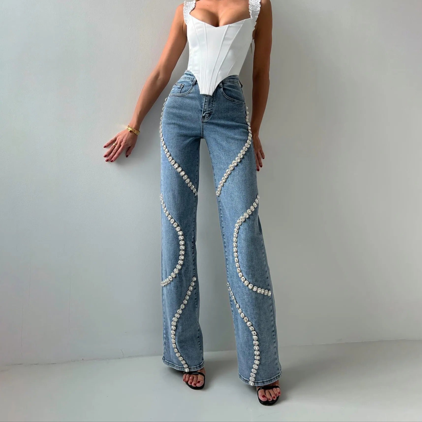 Eloísa™ - Damesjeans met decoratieve strassteentjes recht model