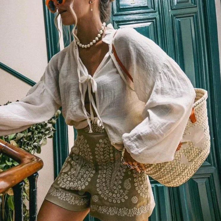 Brea™ - Linnen shorts met bloemenborduursel