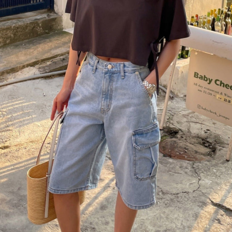 Elina™ - Dames denim shorts met cargozakken baggy stijl