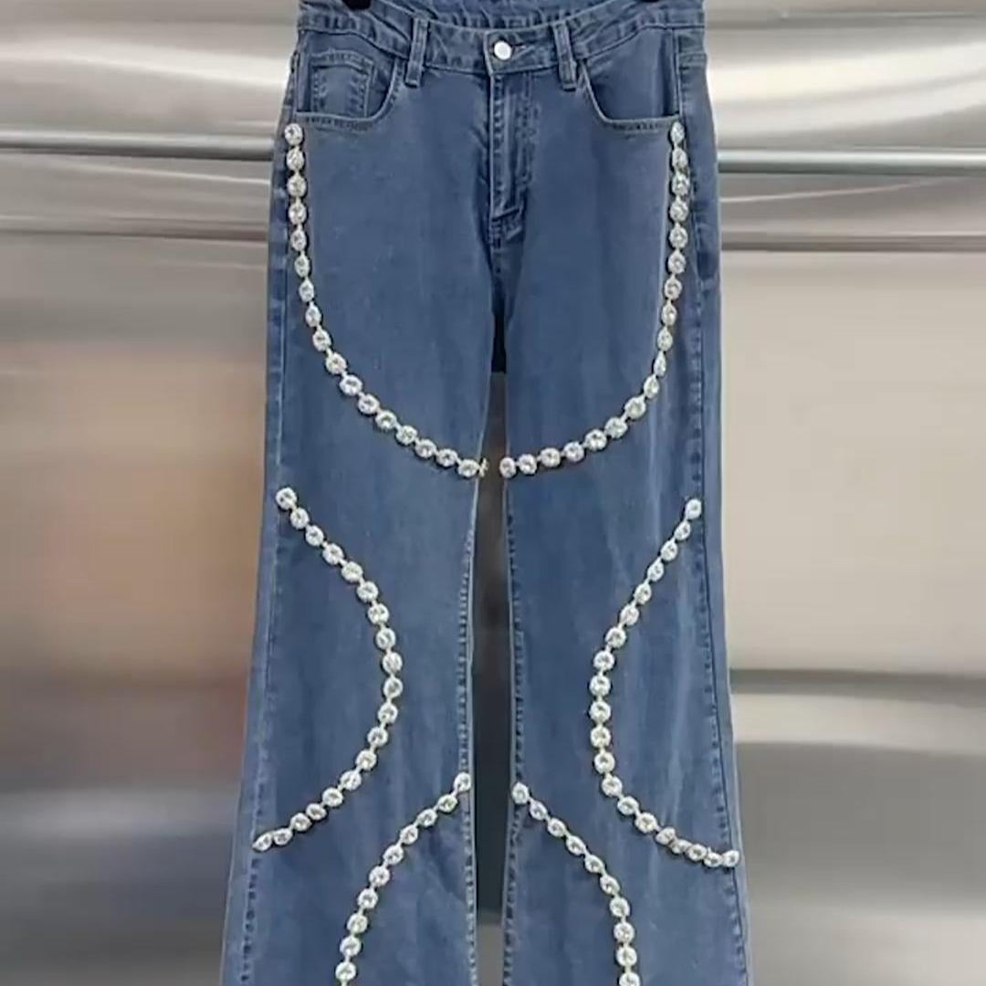 Eloísa™ - Damesjeans met decoratieve strassteentjes recht model