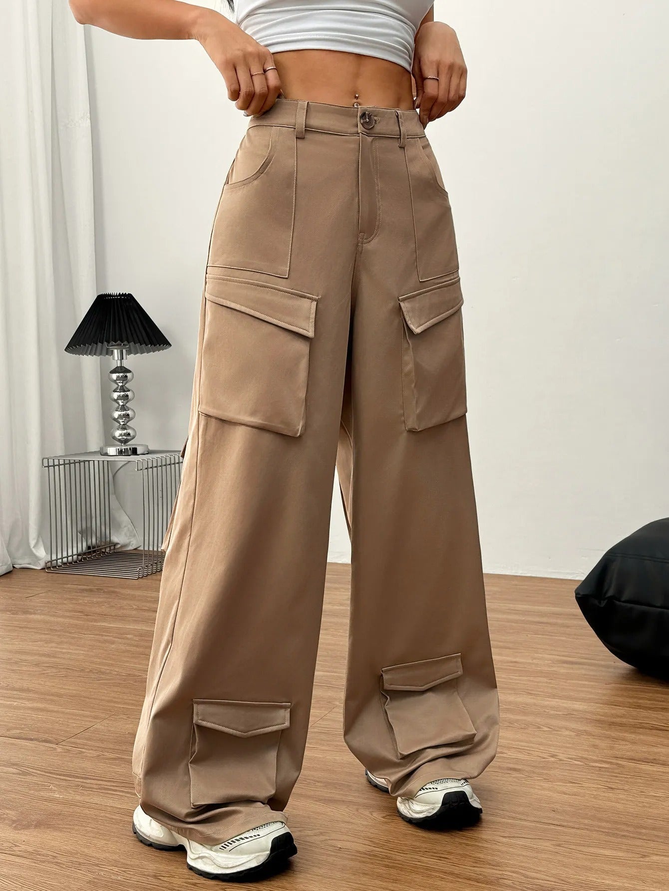 April™ - Cargo broek voor dames in katoen met utility zakken wijde stijl