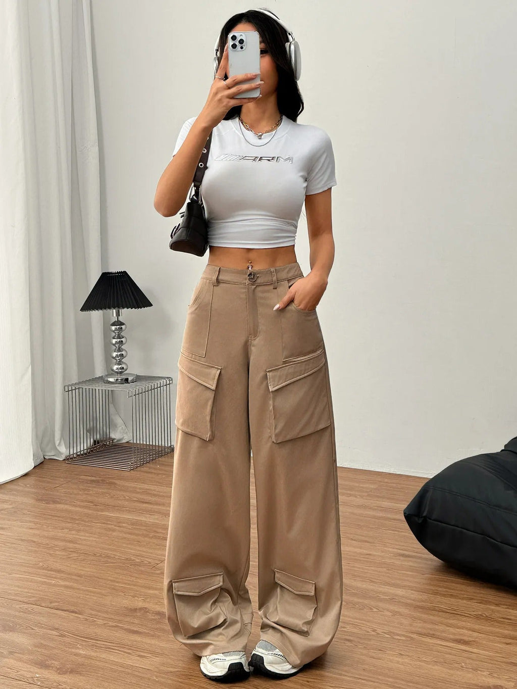 April™ - Cargo broek voor dames in katoen met utility zakken wijde stijl