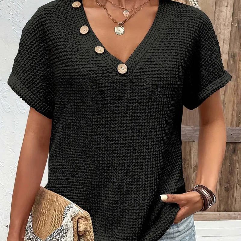 Adina™ – Stylowy top z dekoltem w serek, krótkimi rękawami i guzikami